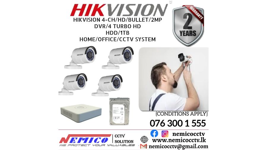 Hikvision CCTV CH 4-HD/ 2MP/ Bullet, DVR 4, Turbo, HDD 1 TB